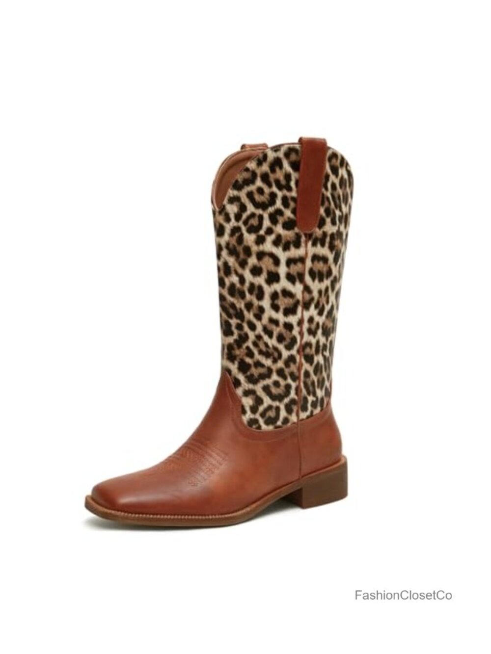 Faux Leather Square Toe Leopard Mid Calf Cowgirl Boots Chunky Low Heel